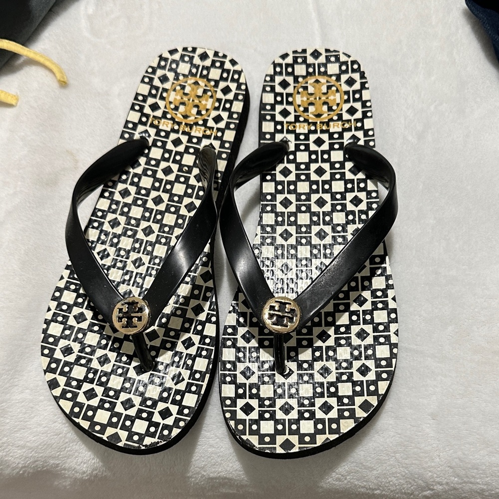Tory Burch Black and White Patterned Sandals